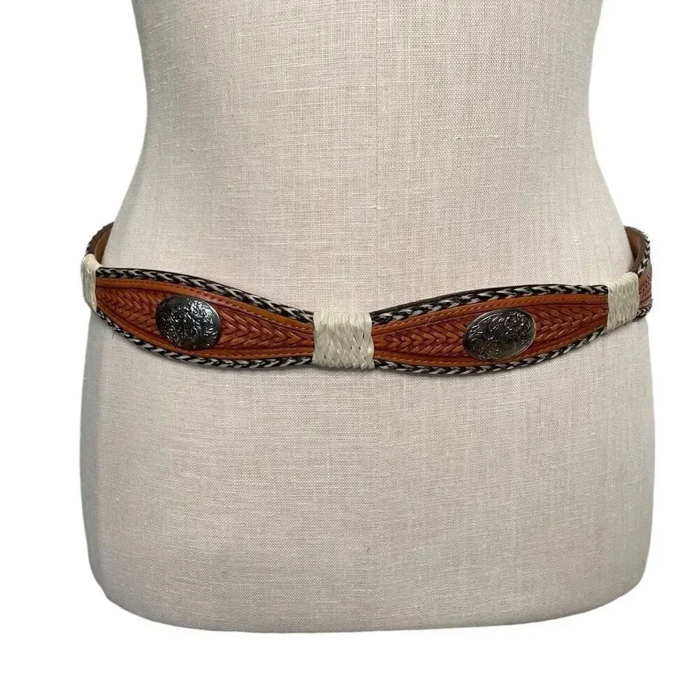 Nocona Leather Belt 45” Braided Horsehair Scallop Silver Buckle Western Cowboy